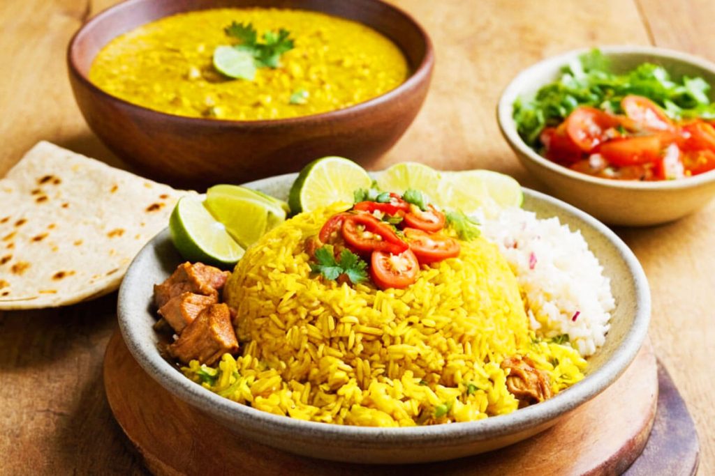 Assortment of fusion dishes featuring yellow rice.