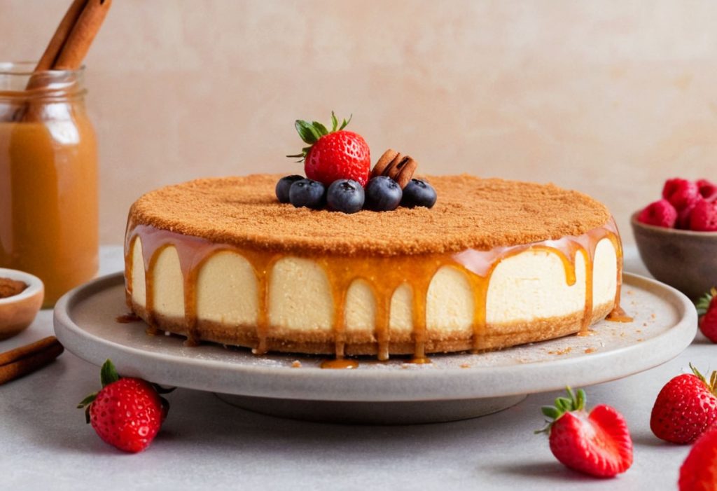 A close-up of a slice of churro cheesecake topped with cinnamon-sugar mixture and a drizzle of melted butter.