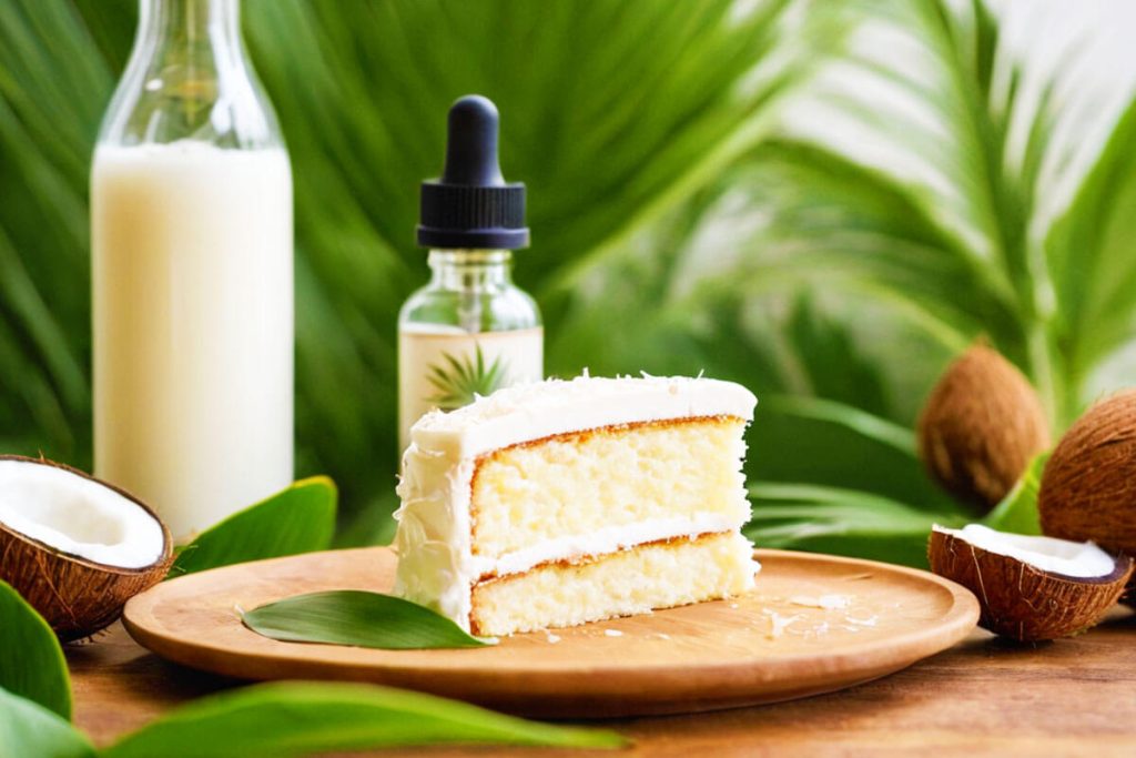 Assortment of flavor concentrates including coconut and vanilla cupcake on a table.