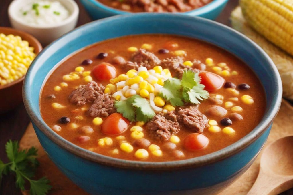 A steaming bowl of cowboy soup surrounded by ingredients like ground beef, beans, tomatoes, corn, and spices.