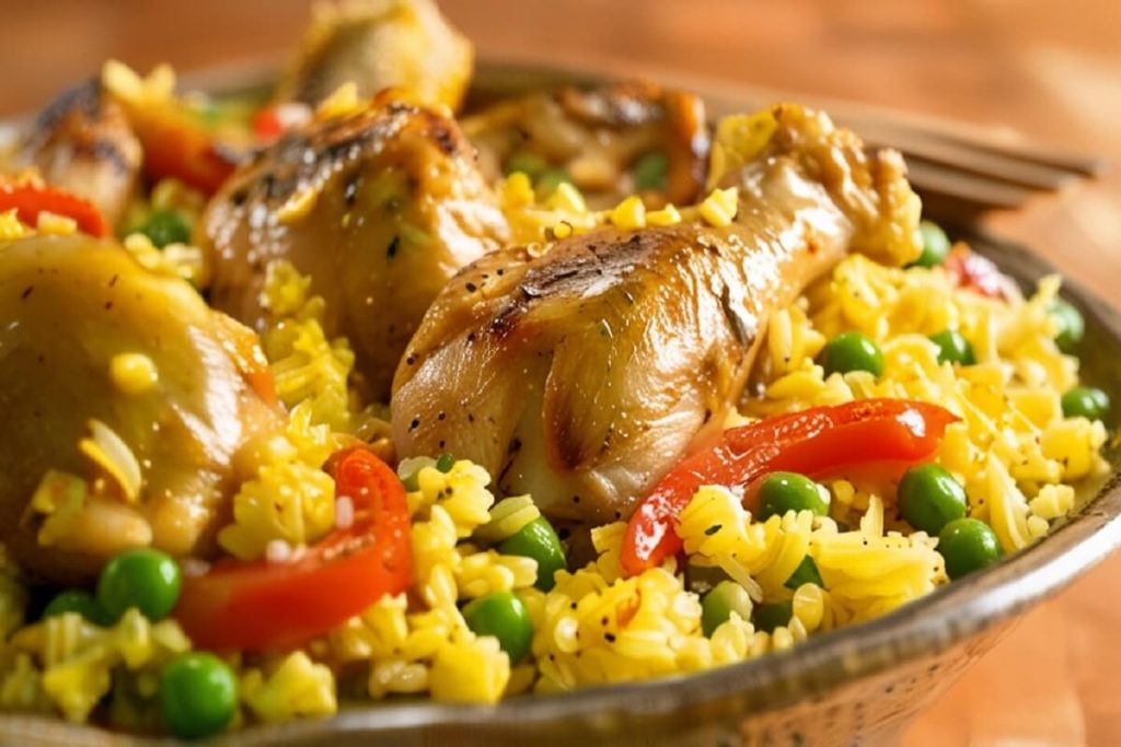 A plate of chicken and yellow rice garnished with fresh herbs.